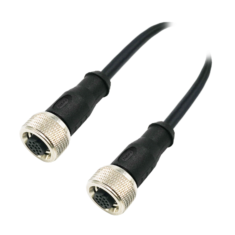 Push-pull m12 12pins A code female to female straight molded cable,unshielded,PVC,-40°C~+105°C,22AWG 0.34mm²,brass with nickel plated screw